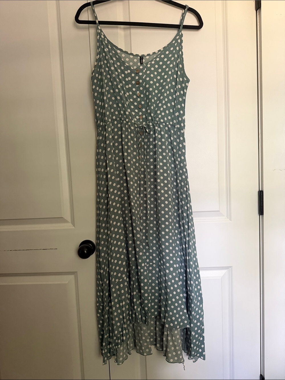 Sage Green Polka Dot Midi Dress Cottagecore Boho Sundress Button Front Size M